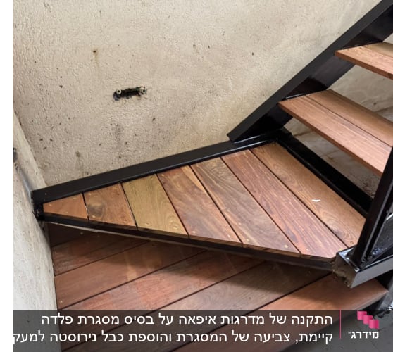 מדרגות עץ עם מסגרת מתכת בפינה פנימית